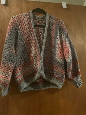 Cozy Chunky Crochet Open Cardigan Sweater - Gray with Coral Accents